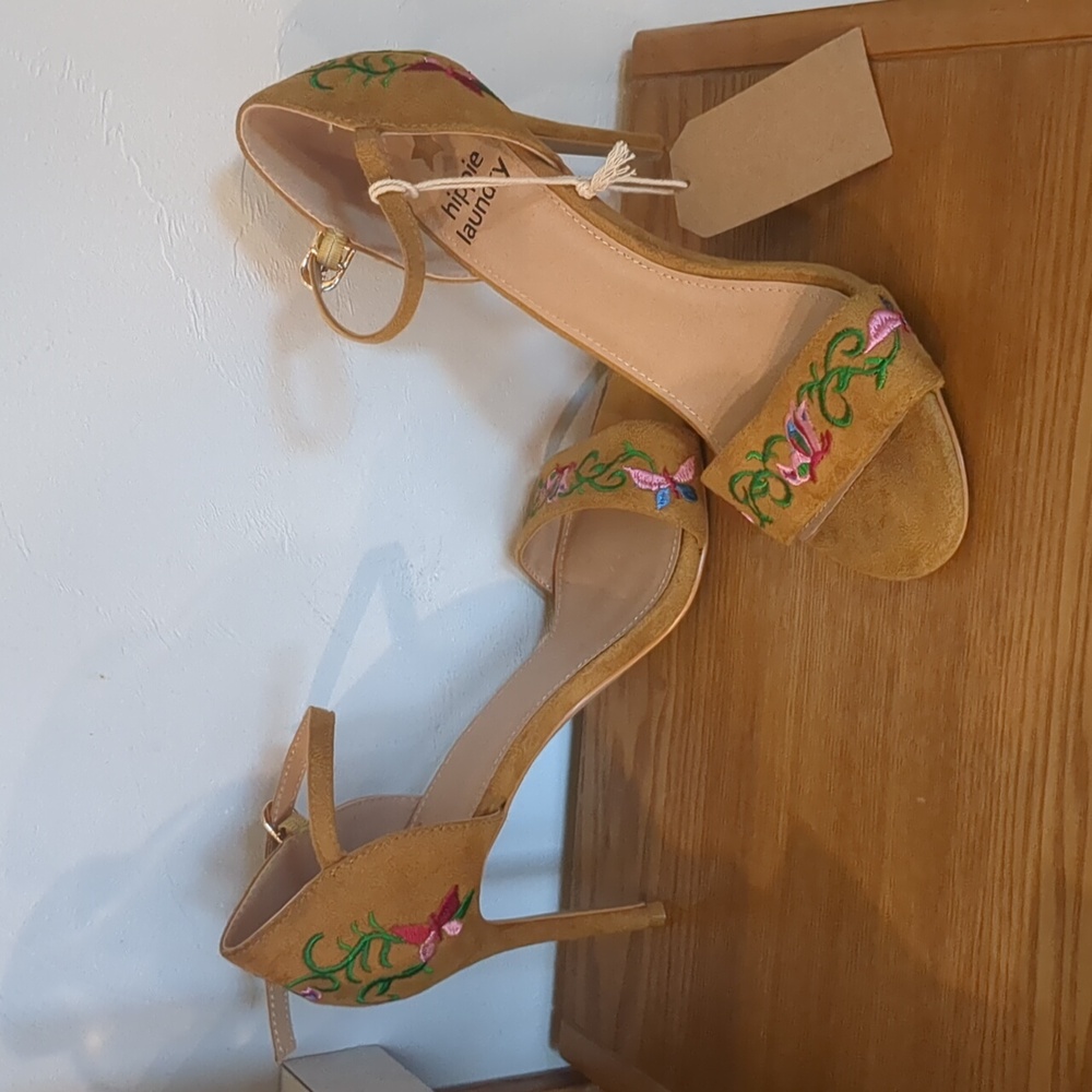 Tan Embroidered Heels- Boho, Floral, Fall
